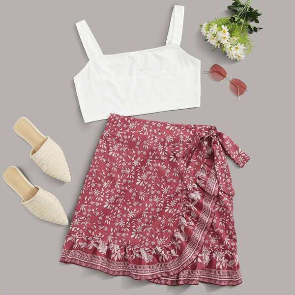 

Cami Top & Wrap Knot Floral Skirt Set, Multicolor