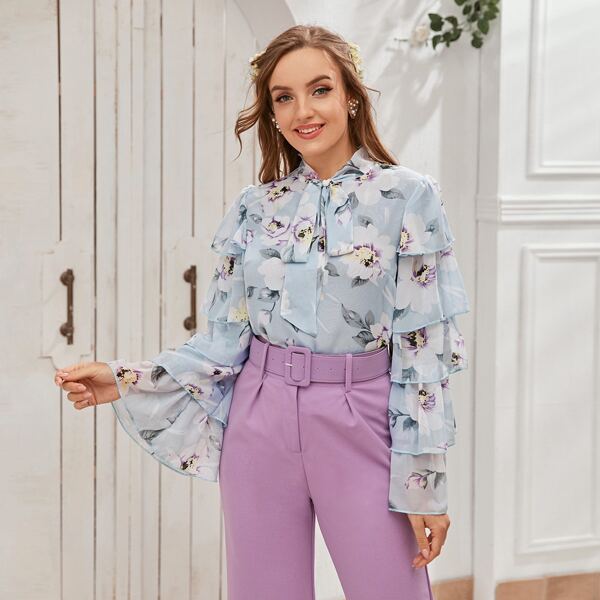 

Tie Neck Layered Sleeve Floral Chiffon Blouse, Blue