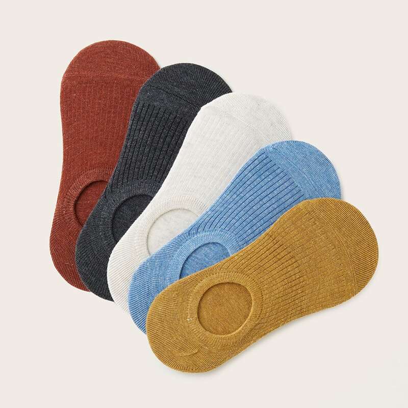 

5pairs Solid Ribbed Ankle Socks, Multicolor