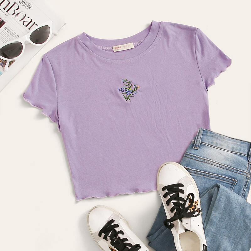 

Flower Embroidery Lettuce Trim Crop Tee, Purple