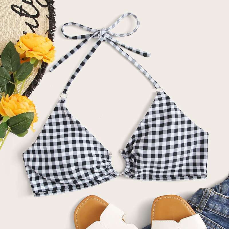 

Ring Linked Gingham Bikini Top, Multicolor