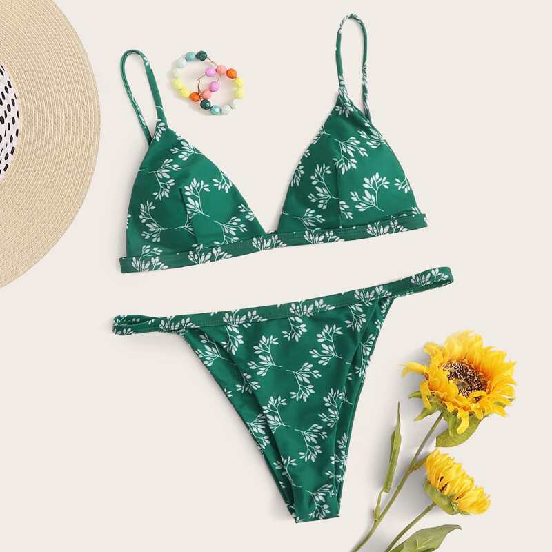 

Floral Print Triangle Tanga Bikini Swimsuit, Green