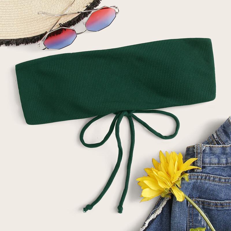 

Lace-up Ribbed Bandeau Bikini Top, Green