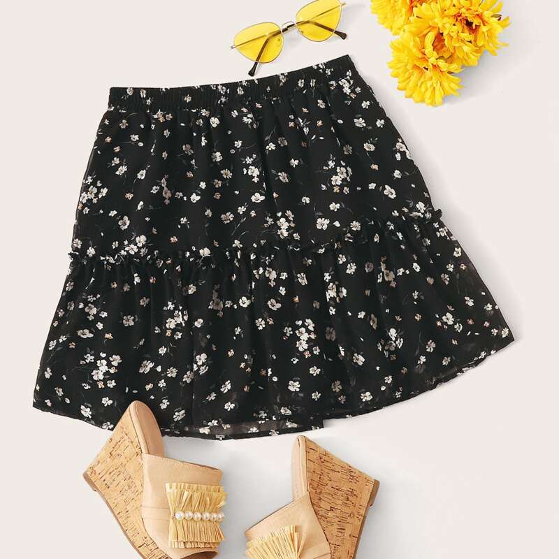

Frill Detail Ditsy Floral Skirt, Black