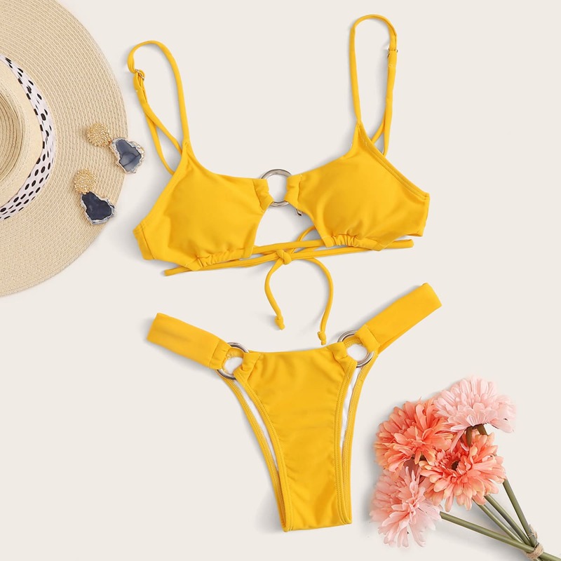 

Yellow Ring Linked Thong Bikini Swimsuit