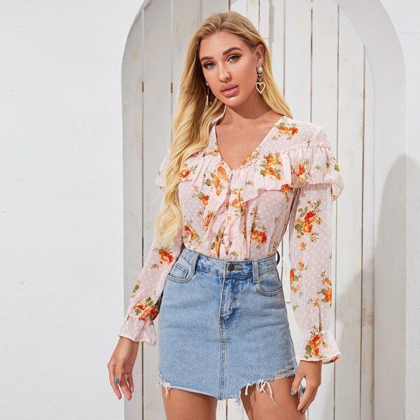 

Ruffle Trim Floral Print Chiffon Blouse, Multicolor