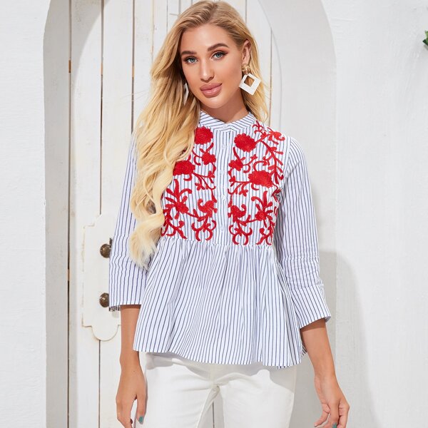 

Striped Embroidery Half Button Peplum Blouse, Multicolor