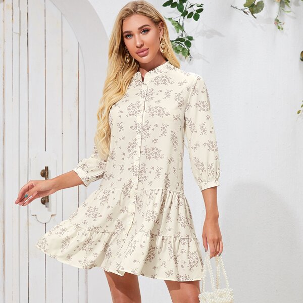 

Floral Print Ruffle Hem Shirt Dress, Beige