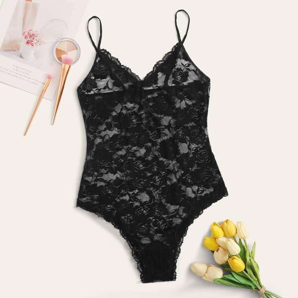 

Plus Floral Lace Teddy Bodysuit, Black