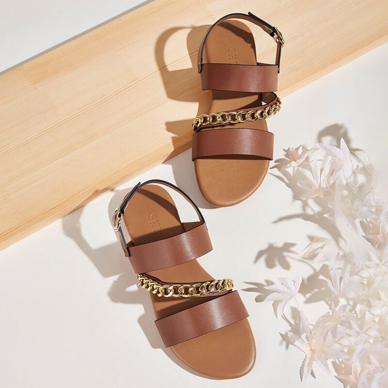 

Chain Decor Slingback Flat Sandals, Brown