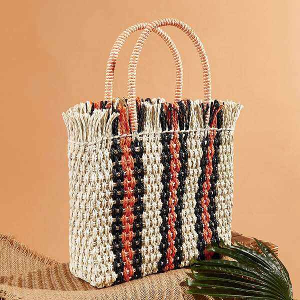 

Striped Detail Braided Tote Bag, Multicolor