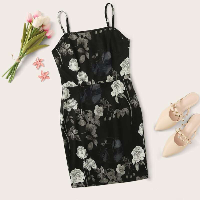 

Floral Print Zip Back Cami Dress, Black