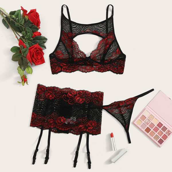 

3pack Floral Lace Garter Lingerie Set, Multicolor