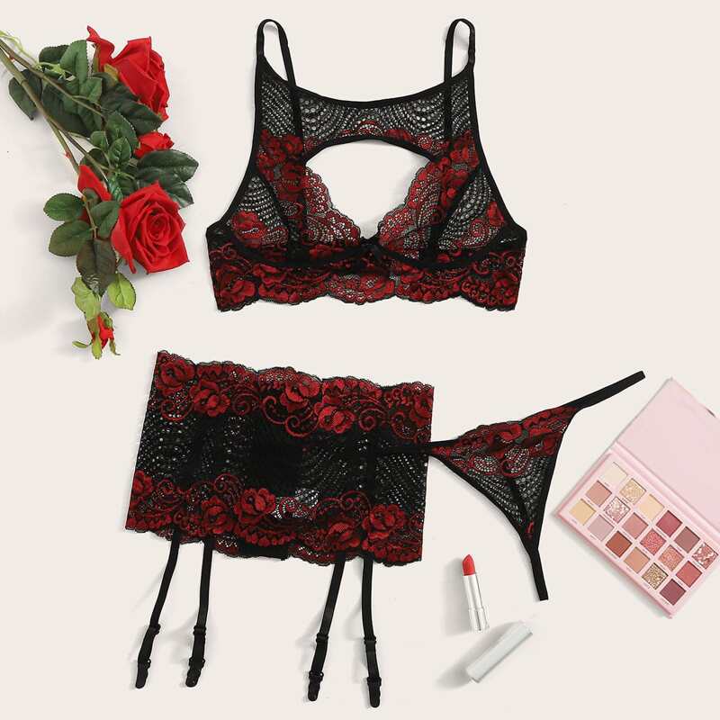 

3pack Floral Lace Garter Lingerie Set, Multicolor