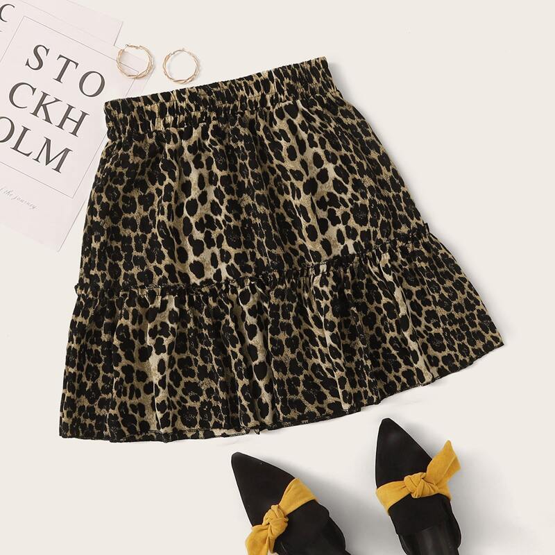 

Elastic Waist Ruffle Hem Leopard Skirt, Multicolor