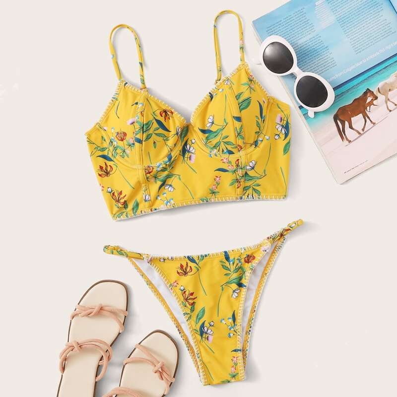 

Floral Underwire Triangle Thong Bikini Swimsuit, Yellow