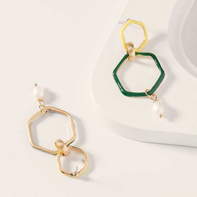 

1pair Pearl Decor Geometric Drop Earrings, Multicolor