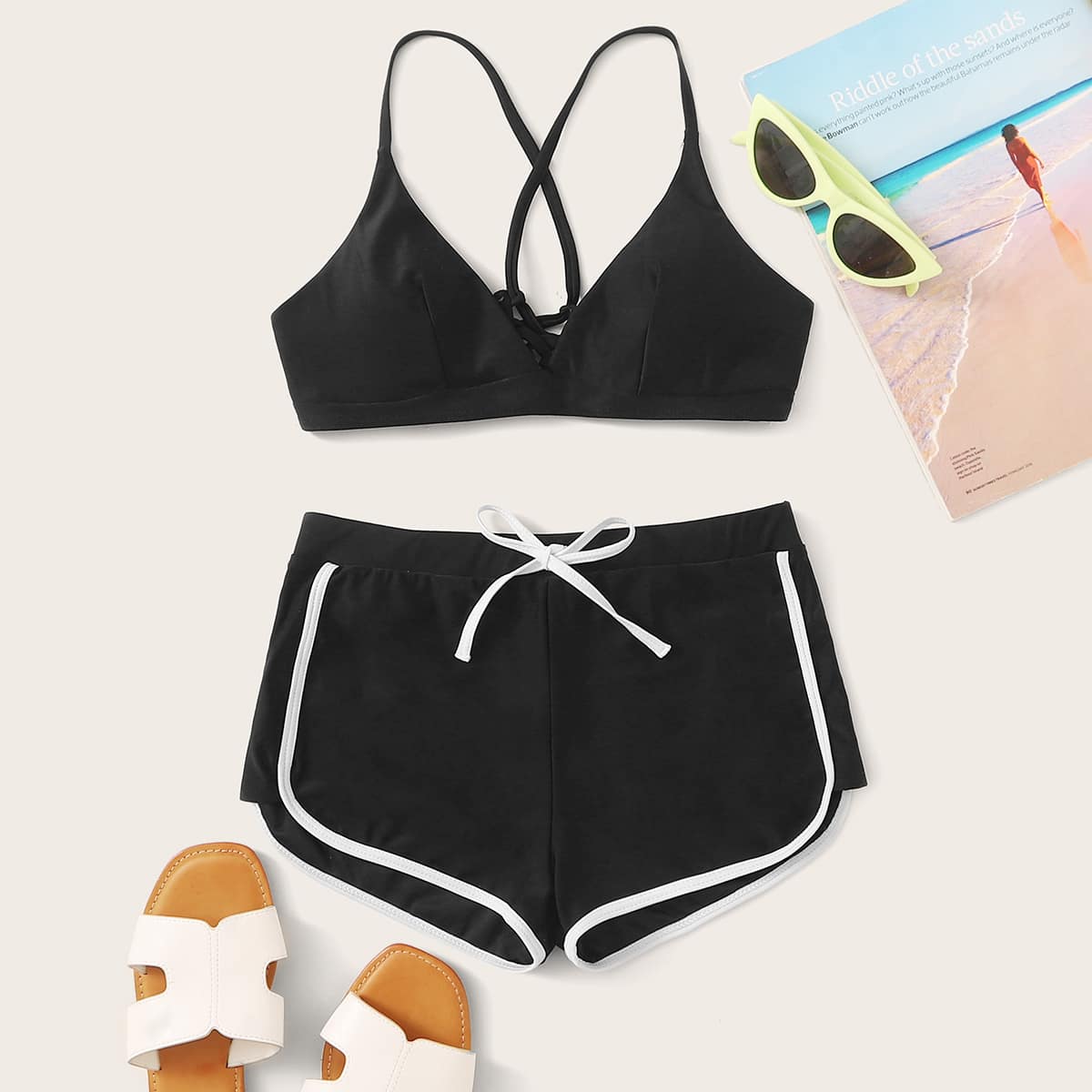 

Tie Back Contrast Trim Bikini Swimsuit, Black