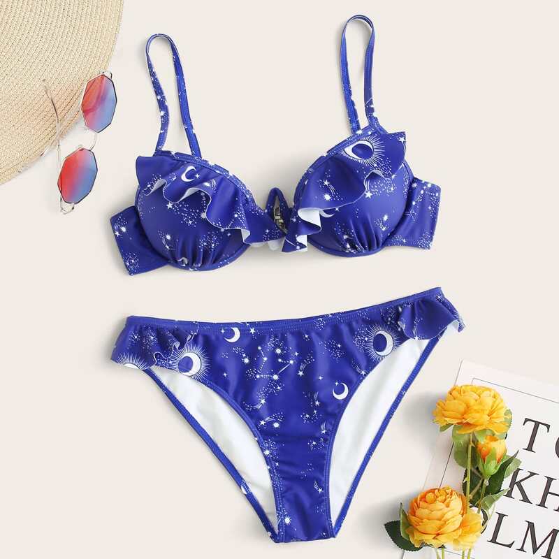 

Galaxy Print Ruffle Bikini Swimsuit, Blue