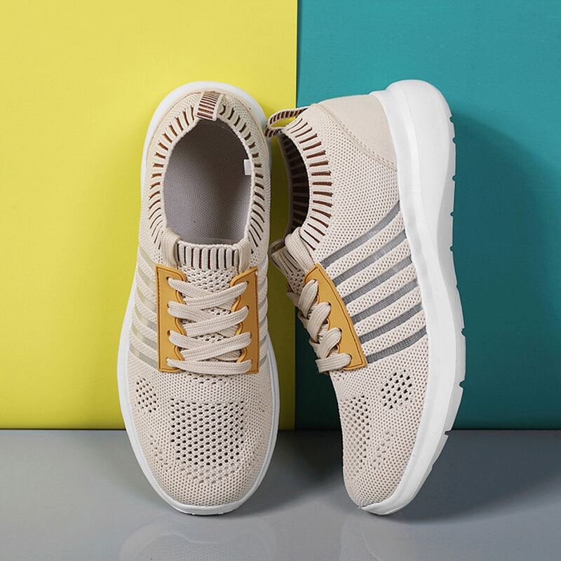 

Striped Detail Breathable Knit Sneakers, Beige
