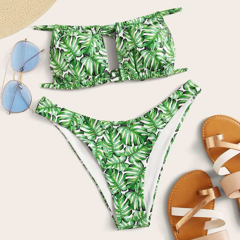 

Tropical Bandeau High Leg Bikini Swimsuit, Green