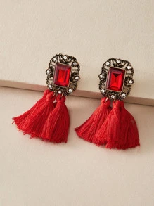 juran 1pair Rhinestone Decor Tassel Decor Drop Earrings - Red - View 1