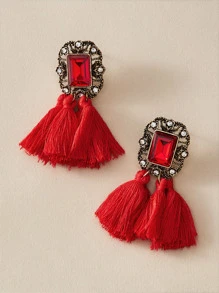juran 1pair Rhinestone Decor Tassel Decor Drop Earrings - Red - View 2