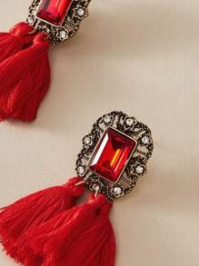 juran 1pair Rhinestone Decor Tassel Decor Drop Earrings - Red - View 3