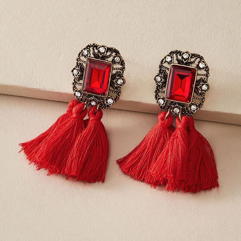 

1pair Rhinestone Decor Tassel Decor Drop Earrings, Red