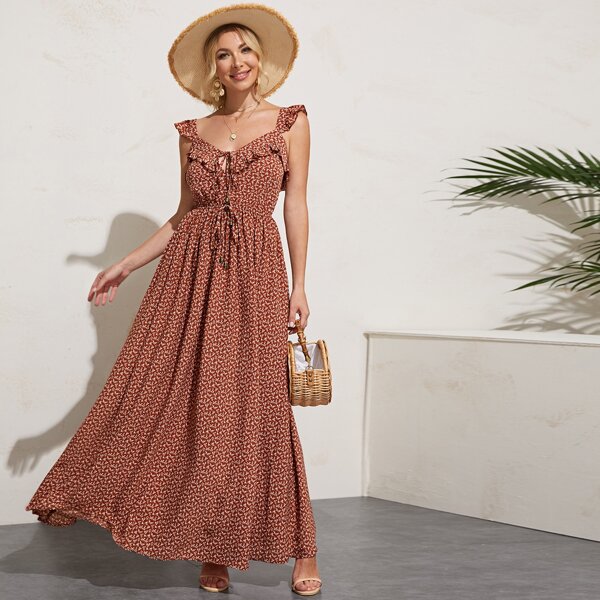 

Tie Front Ruffle Trim Ditsy Floral Print Dress, Brown