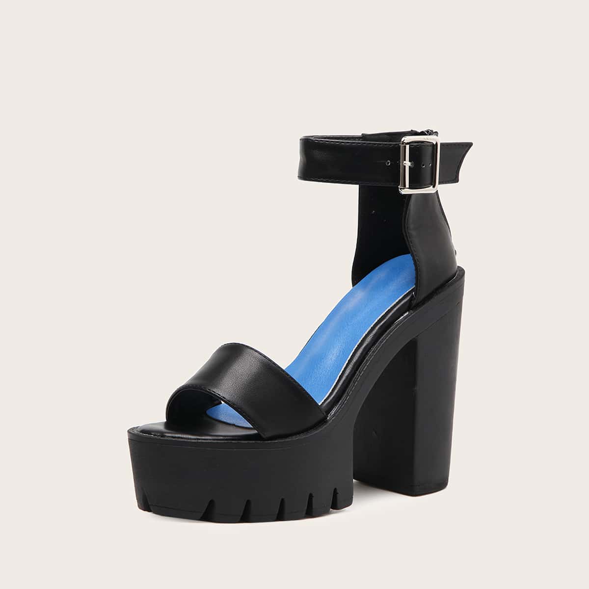 

Minimalist Ankle Strap Chunky Heels, Black
