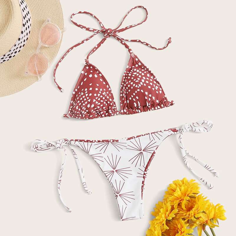 

Geo Halter Triangle Tie Side Bikini Swimsuit, Multicolor