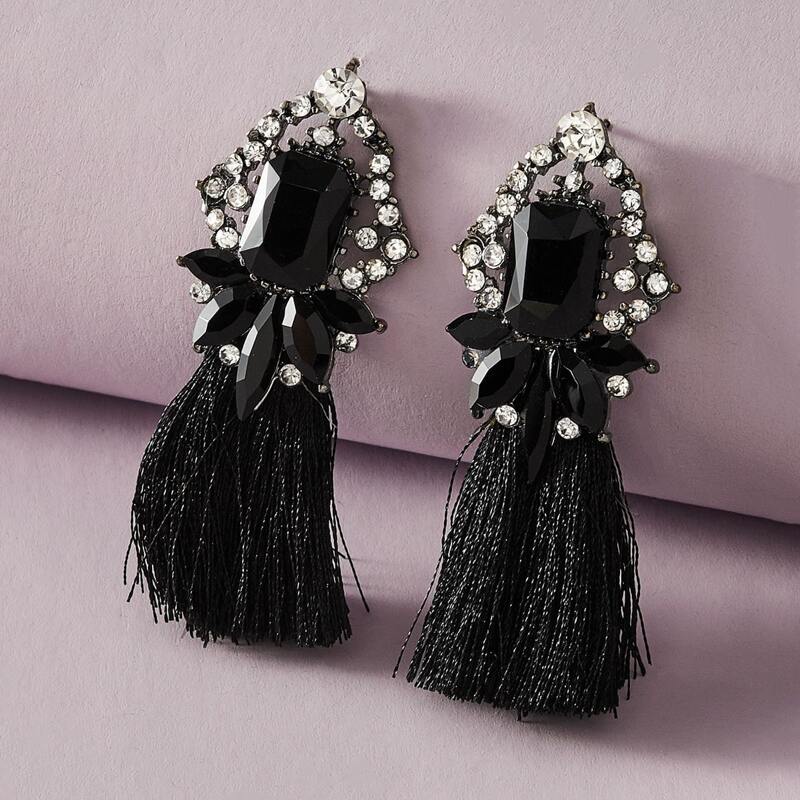 

1pair Rhinestone Decor Tassel Decor Earrings, Black