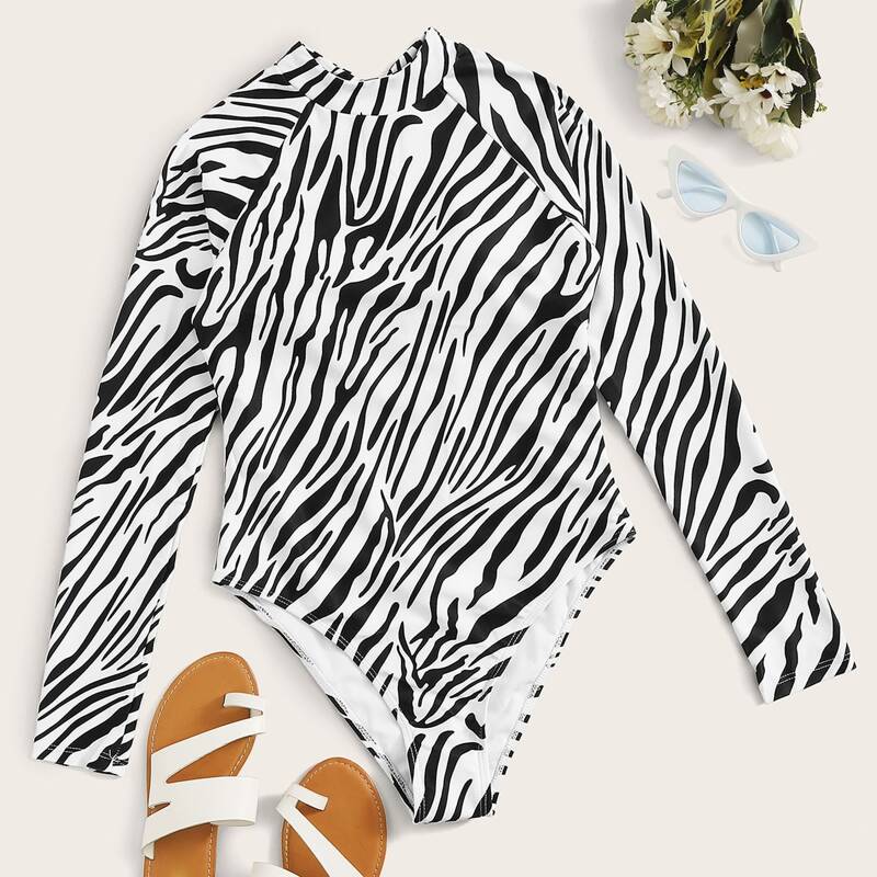 

Zebra Striped Long Sleeve One Piece Swimsuit, Black and white
