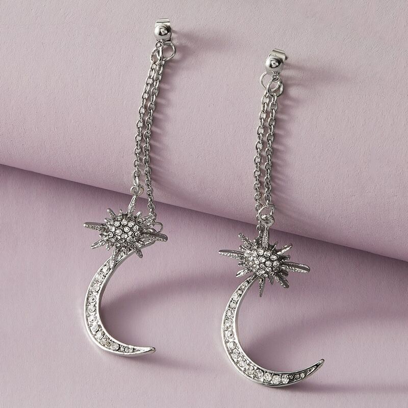 

1pair Rhinestone Engraved Star & Moon Decor Drop Earrings, Silver