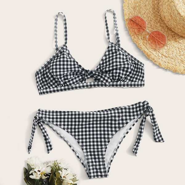 

Gingham Tie Front Tie Side Bikini Swimsuit, Black and white