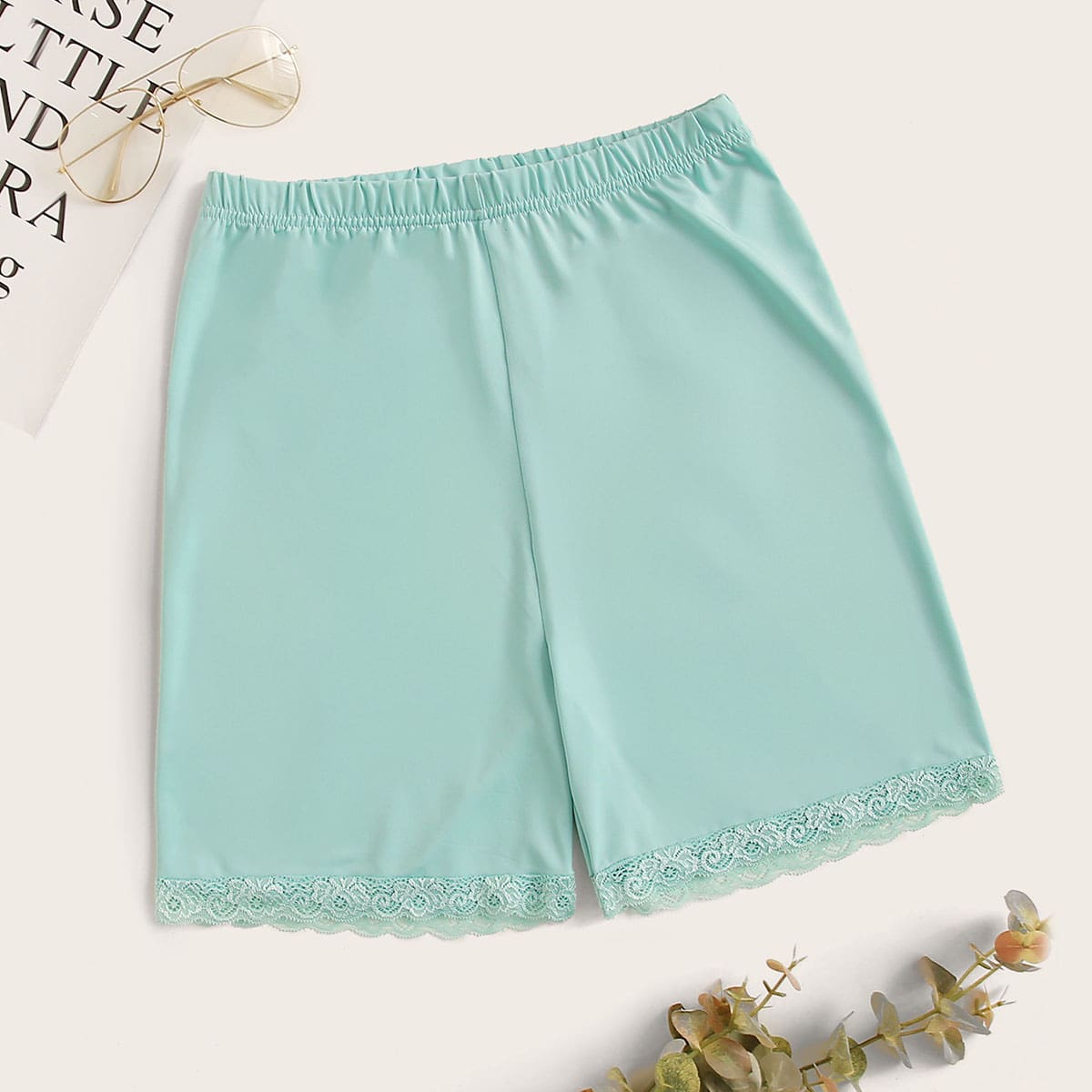 

Solid Lace Hem Cycling Shorts, Blue