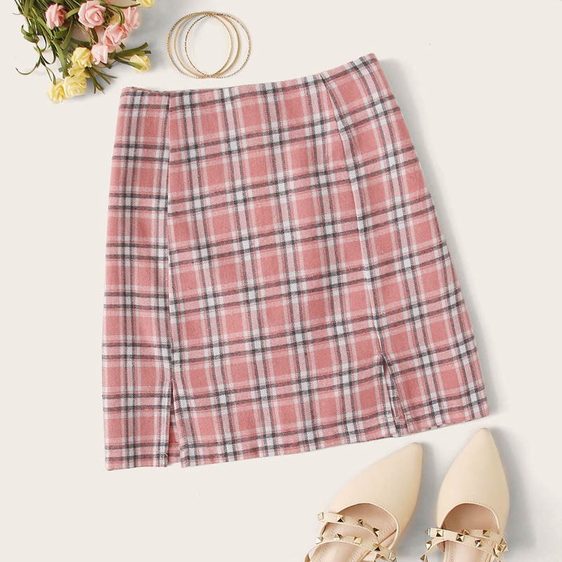 

Split Hem Plaid Mini Skirt, Pink
