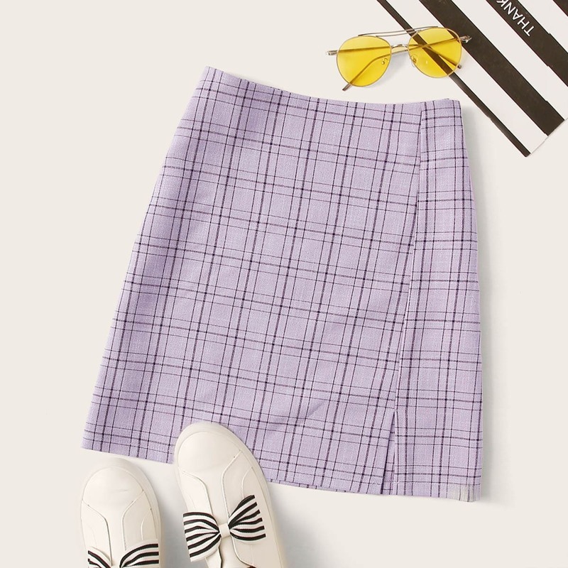 

Plaid Slit Skirt, Purple