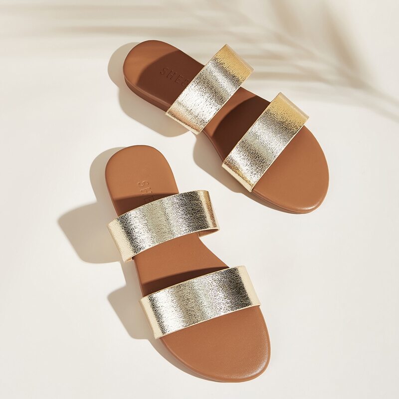 Metallic Double Strap Sliders, Gold