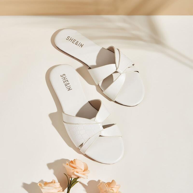 

Croc Embossed Open Toe Sliders, White