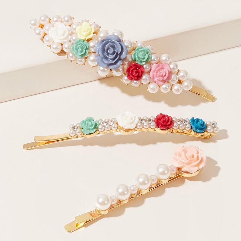 

3pcs Faux Pearl & Floral Decor Hair Clip, Multicolor