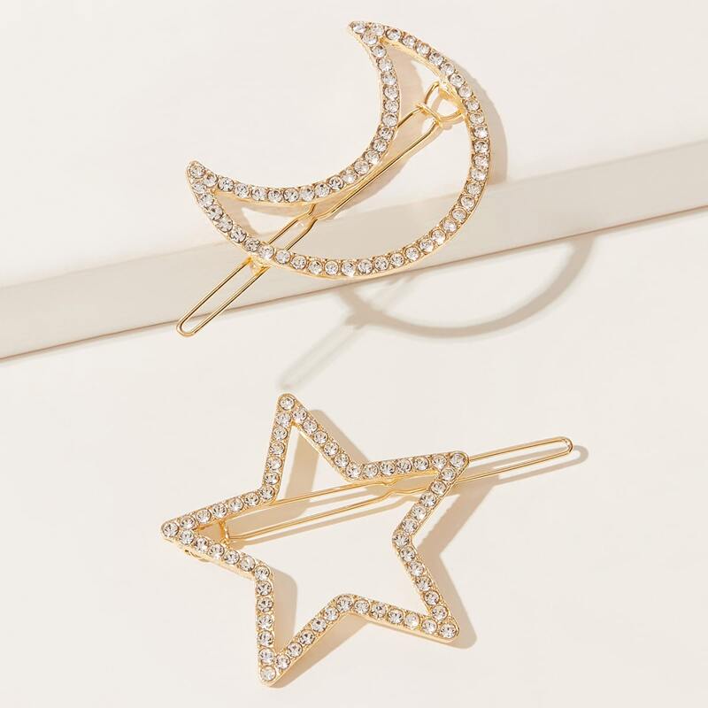 

2pcs Rhinestone Decor Moon & Star Shaped Hair Clip, Silver