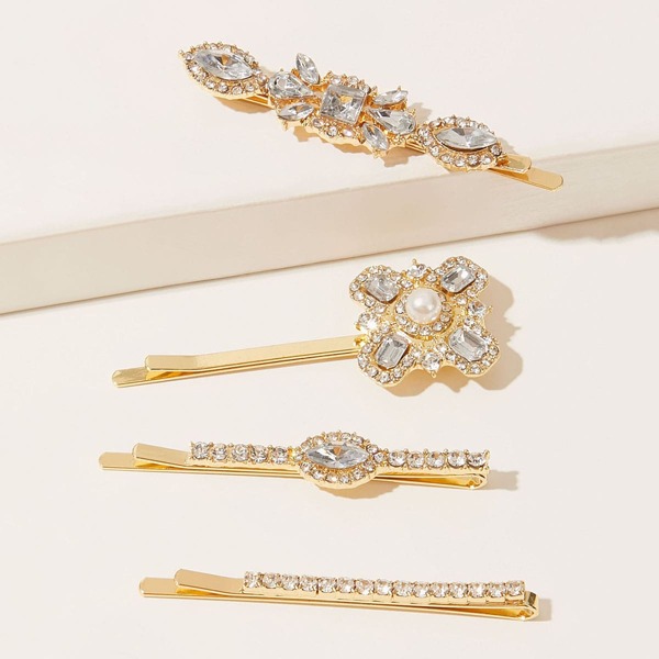 

4pcs Rhinestone Engraved Bobby Pin, Gold