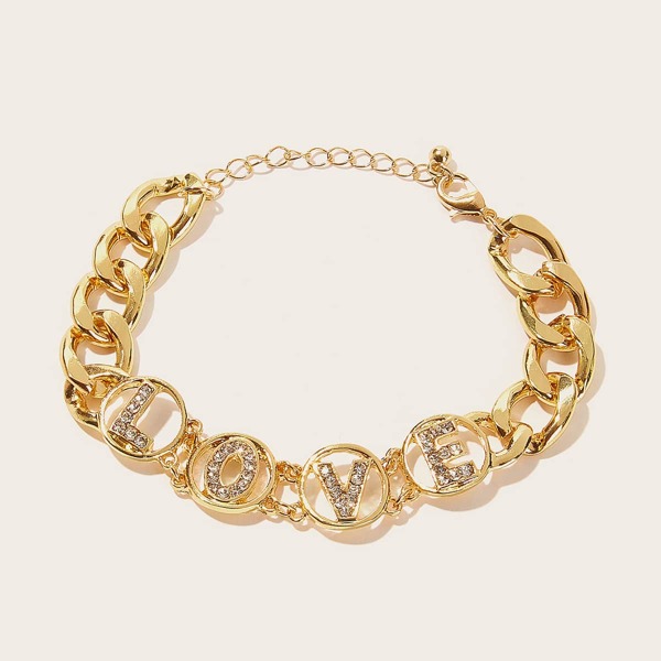 

1pc Rhinestone Engraved Love Decor Chain Bracelet, Gold