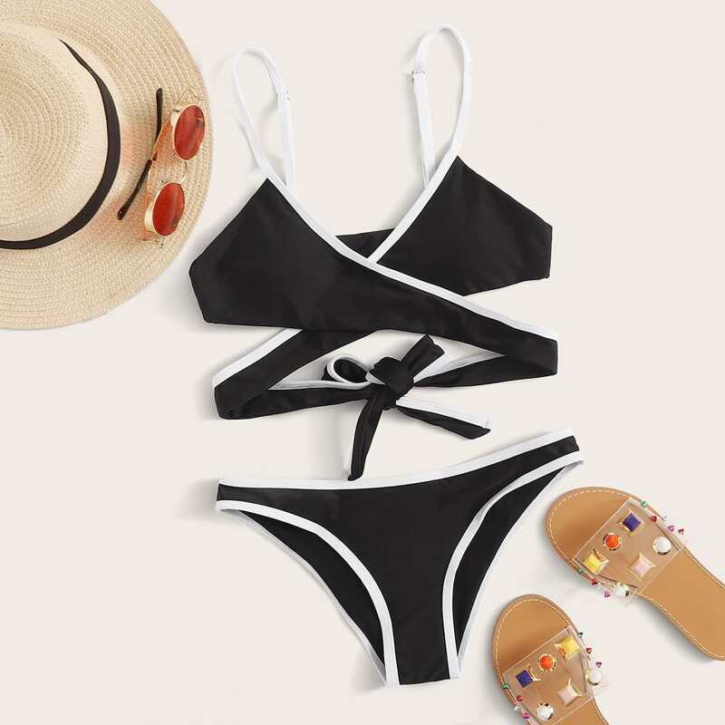 

Piping Trim Wrap Tie Back Bikini Swimsuit, Black