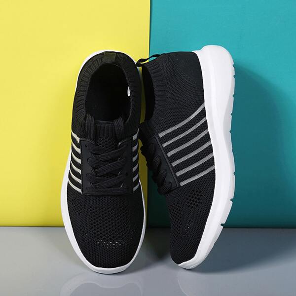 

Striped Pattern Lace-up Front Sneakers, Black