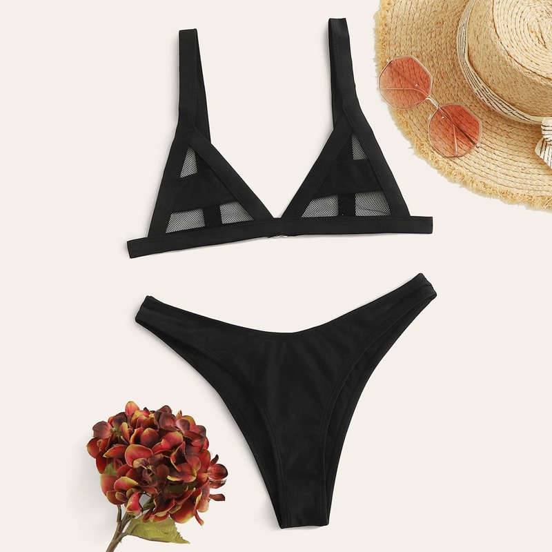 

Contrast Mesh Triangle Hugh Cut Bikini Swimsuit, Black