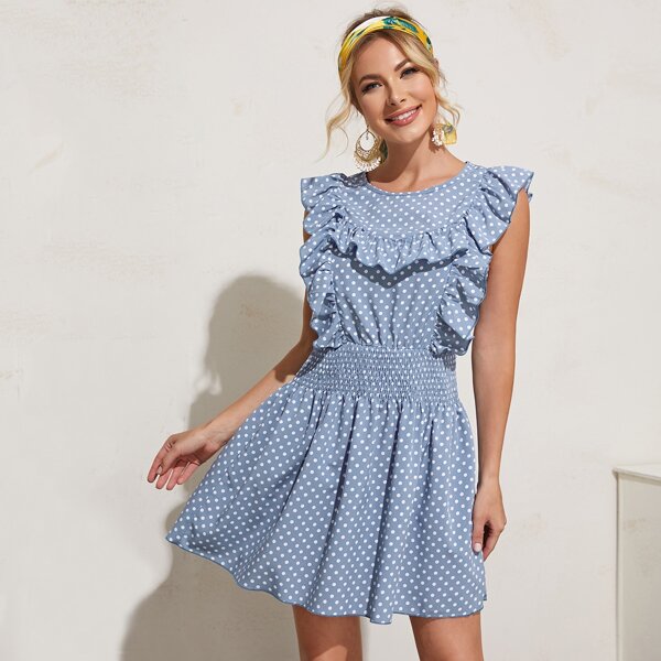 

Ruffle Trim Shirred Waist Polka-dot Print Dress, Blue