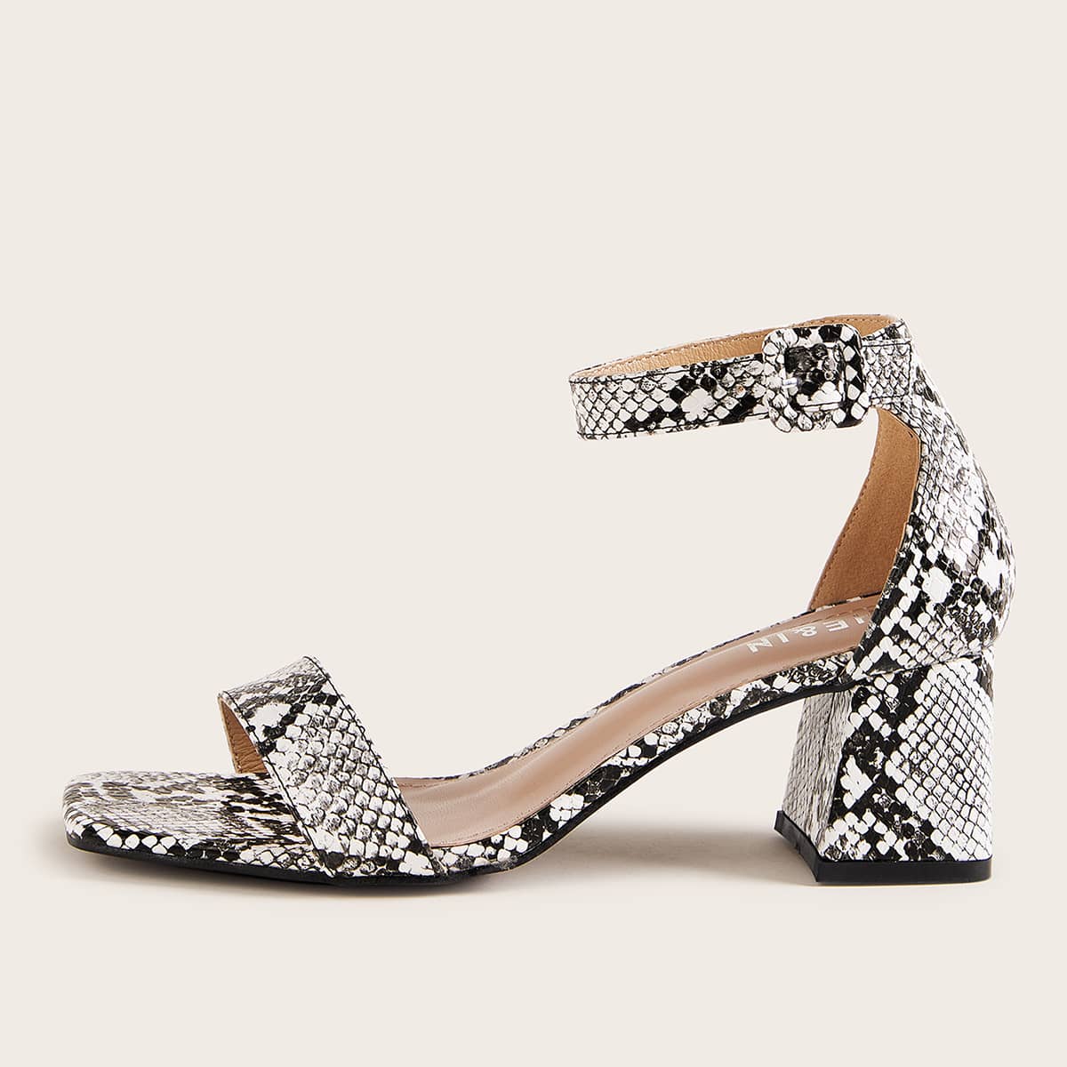 

Open Toe Snakeskin Ankle Strap Chunky Heels, Black and white